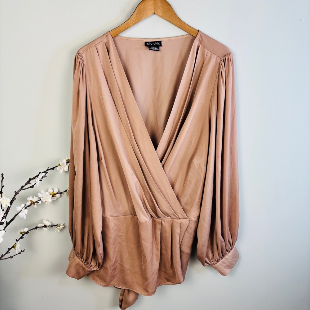 City Chic Satin Surplice Peplum Blouse Size 24